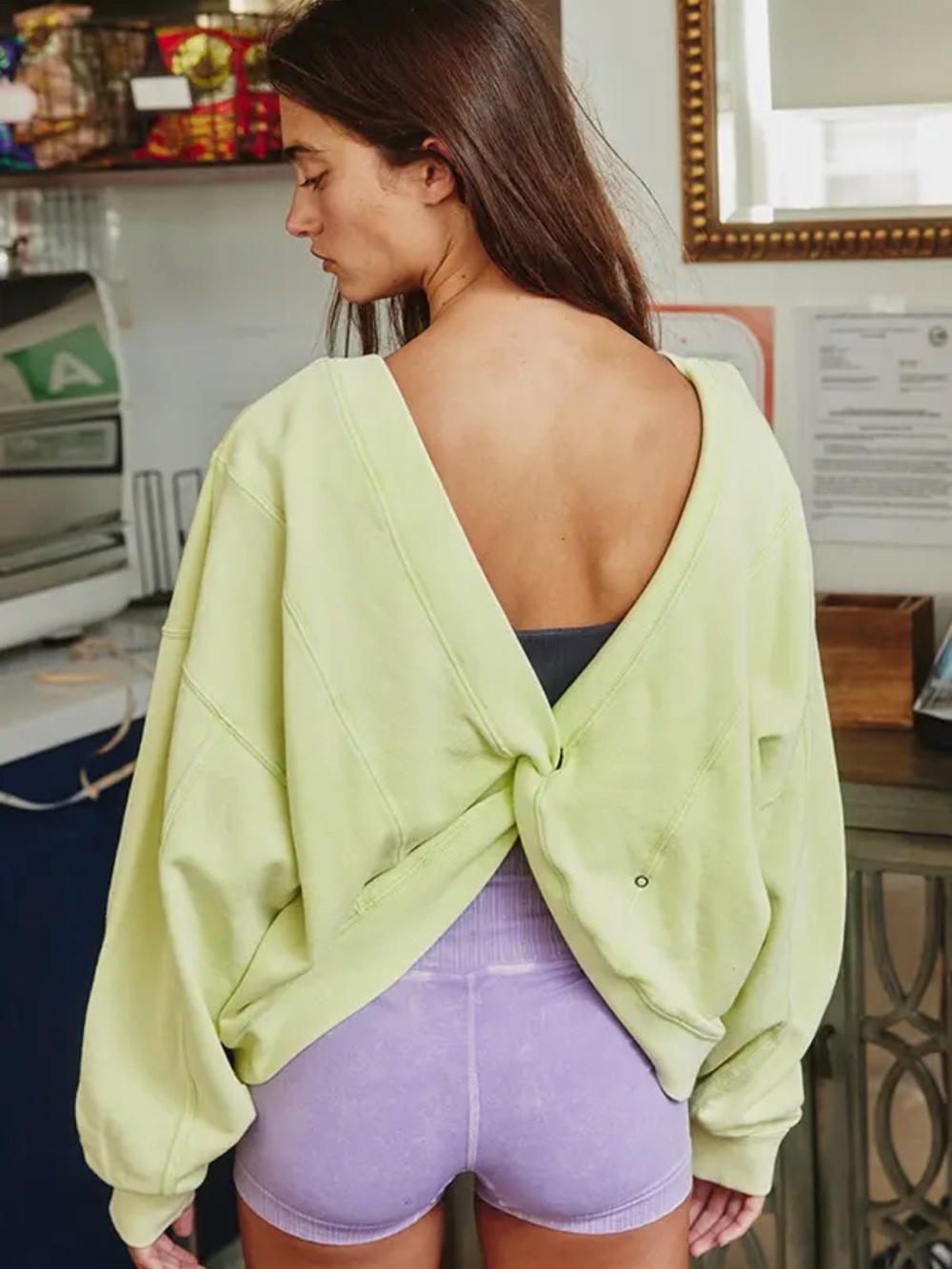 Reversible Twist-Front Washed Terry Lime Sweatshirt Top